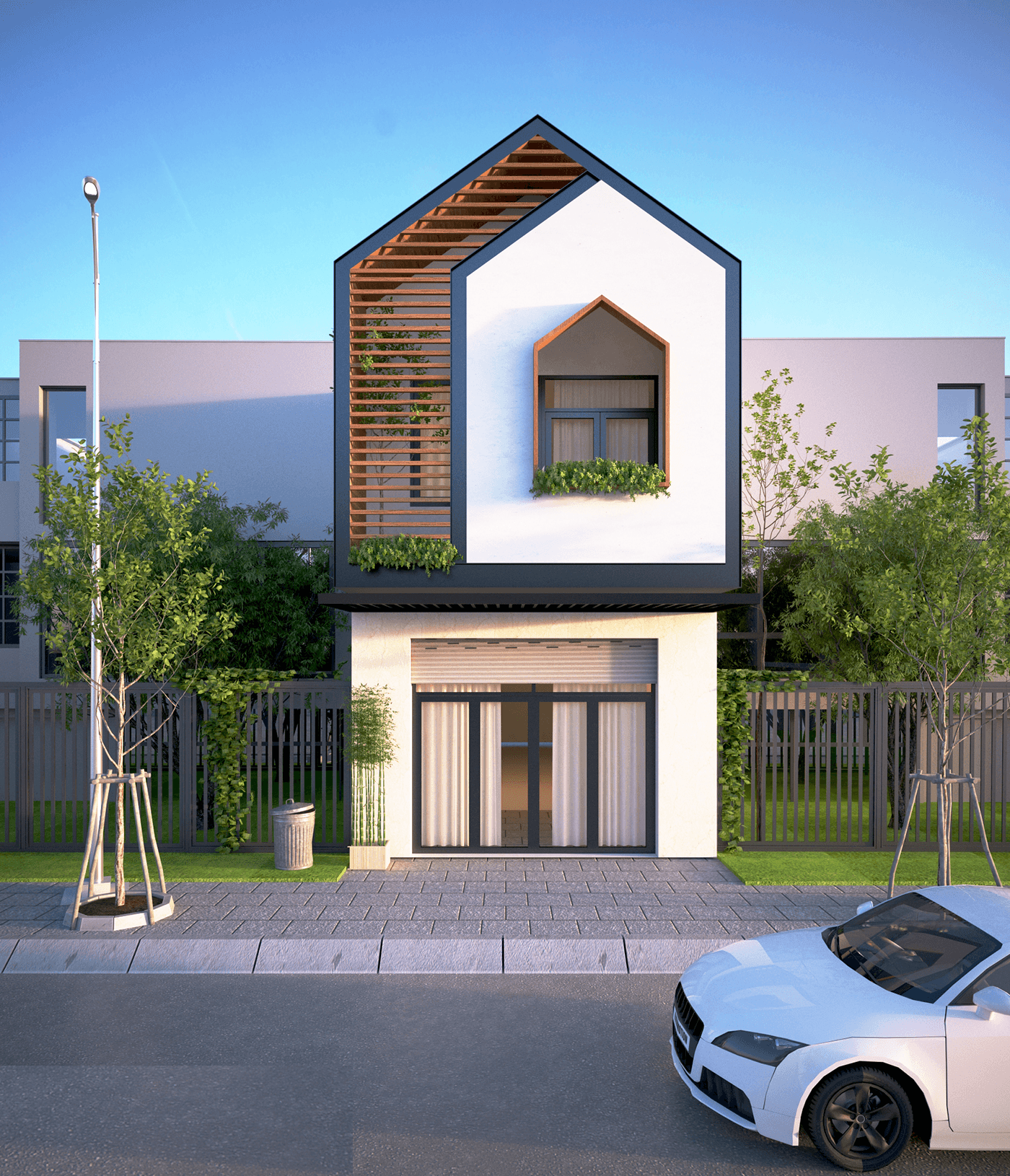 Mẫu nh&agrave; phố đẹp 2 tầng lệch