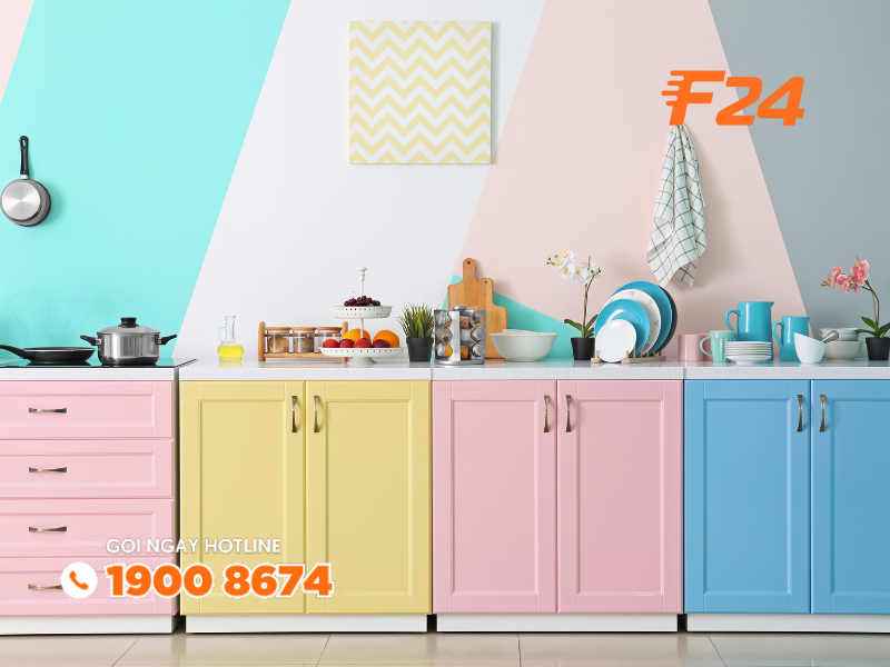 Mẫu phòng bếp cùng tông màu patel rực rỡ màu sắc Phòng bếp liền kề cùng tông màu patel rực rỡ màu sắc