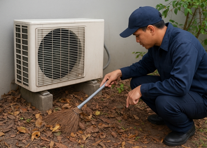 Dọn dẹp rác, lá cây xung quanh khu vực cục nóng trước khi vệ sinh Dọn dẹp xung quanh khu vực cục nóng