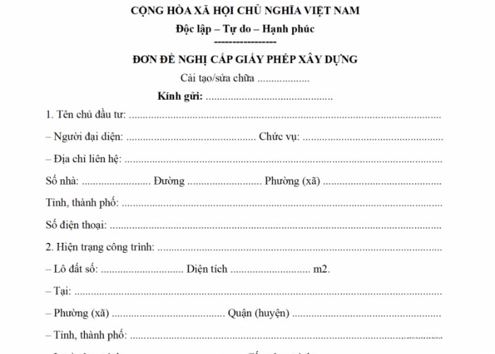 Mẫu đơn xin giấy phép xây dựng thủ tục xin giấy phép sửa chữa nhà ở