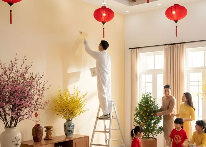 Sơn ph&ograve;ng kh&aacute;ch m&agrave;u cam nhạt cho gia chủ mệnh Hỏa 