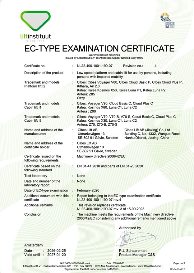 Các dòng thang máy Kalea đạt chứng nhận EC, tuân thủ chỉ thị Machinery Directive 2006/42/EC, theo tiêu chuẩn EN 81-41:2010 và EN 81-20:2020 của liên minh Châu Âu Thang máy Kalea đạt tiêu chuẩn an toàn châu Âu