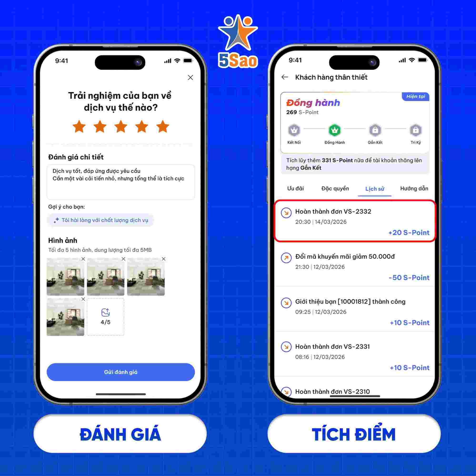 Đ&aacute;nh gi&aacute; dịch vụ v&agrave; t&iacute;ch điểm th&agrave;nh vi&ecirc;n