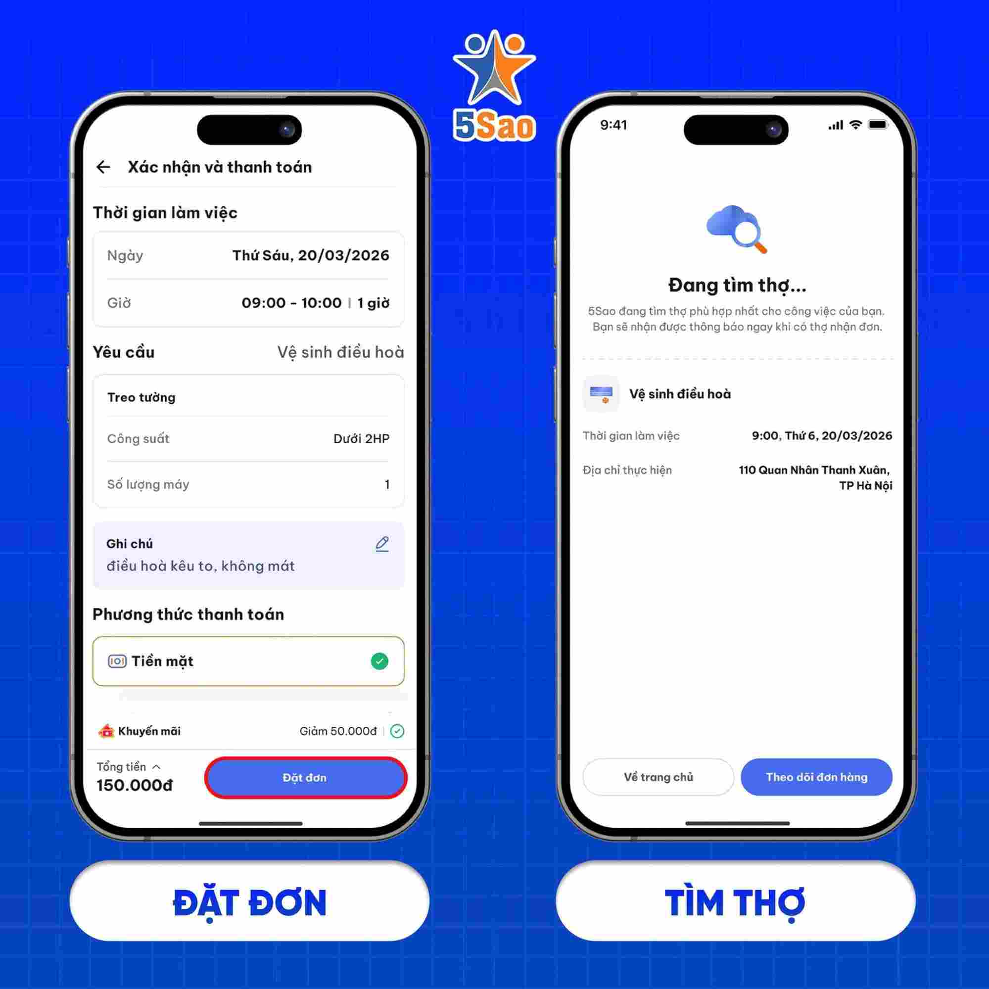 Đặt đơn th&agrave;nh c&ocirc;ng tại App 5Sao