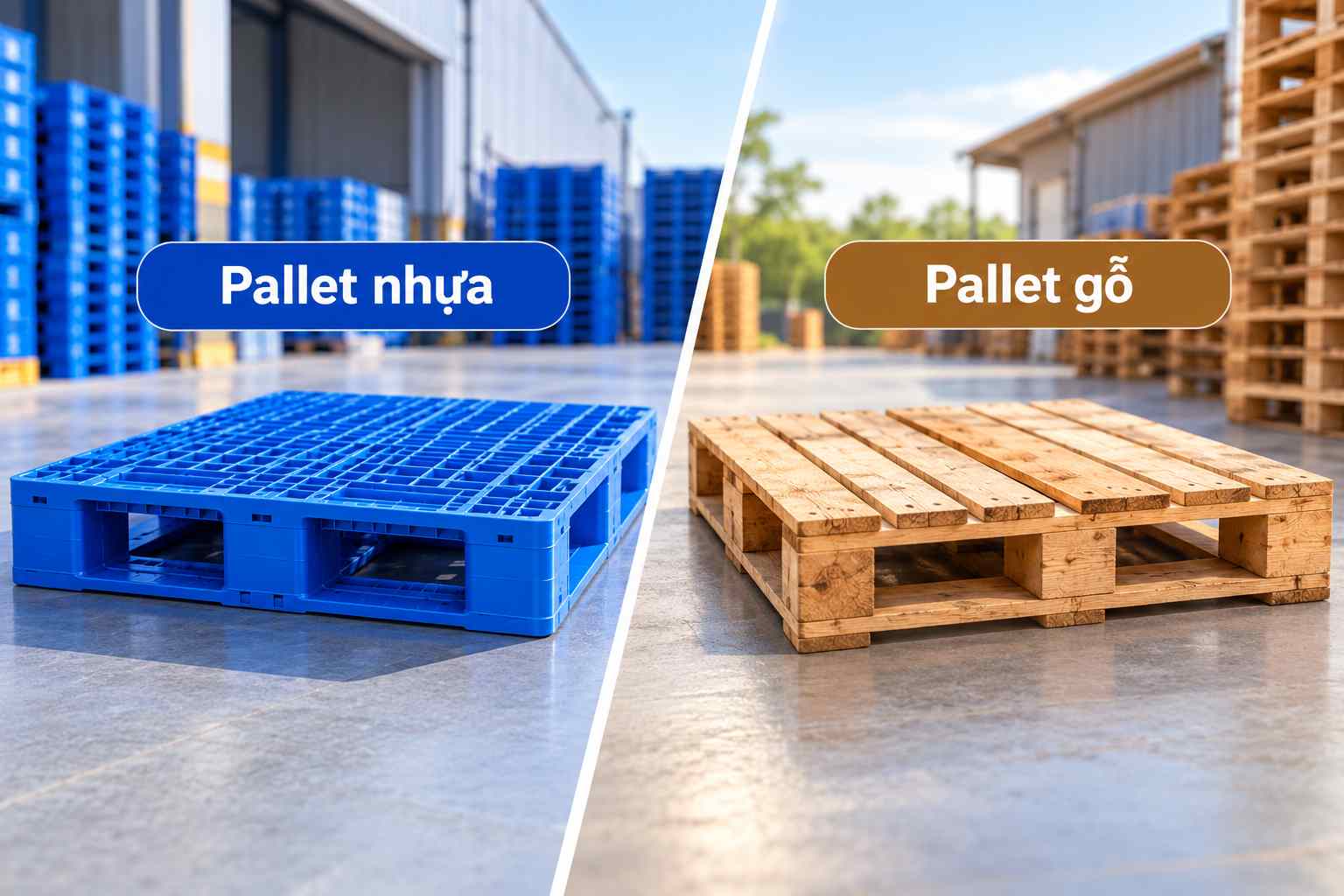 Pallet nhựa và pallet gỗ